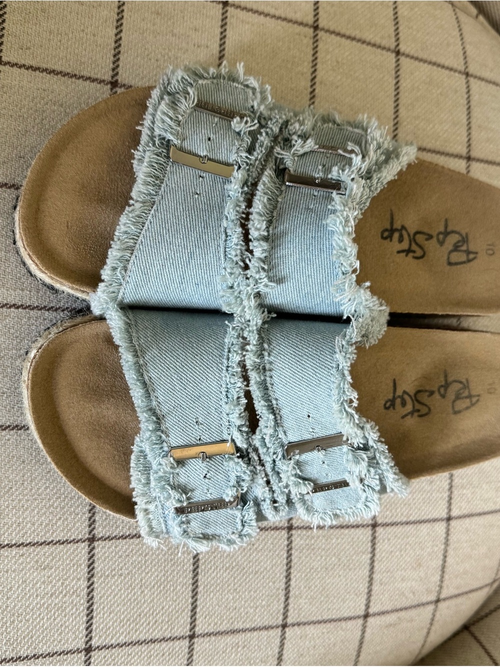 Light Blue Frayed Double-Strap Slide Sandal
